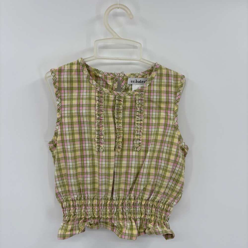 cc.bates Plaid Sleeveless Top Kids 6 Green Pink Ruffle Smocked Peplum Blouse